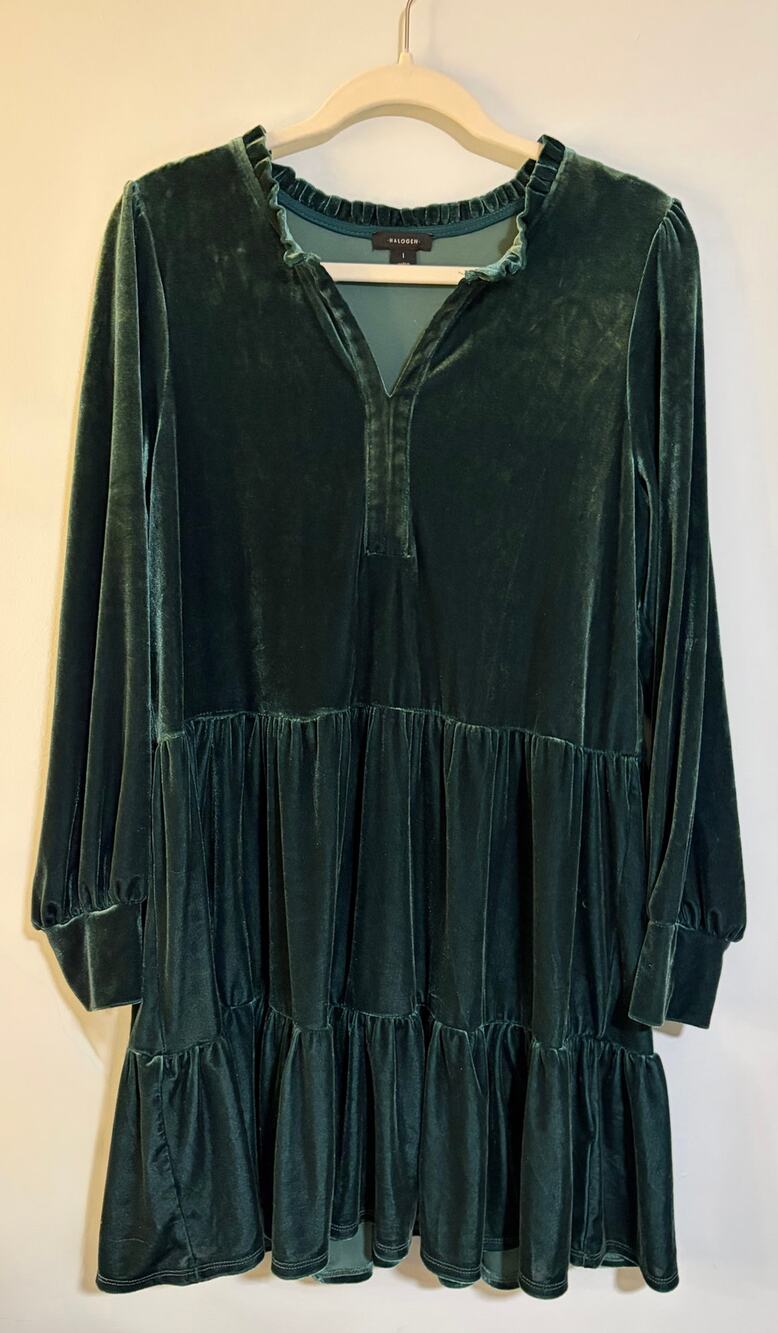 Halogen Emerald Green Velvet Tiered Mini Dress Long Sleeve Size 1